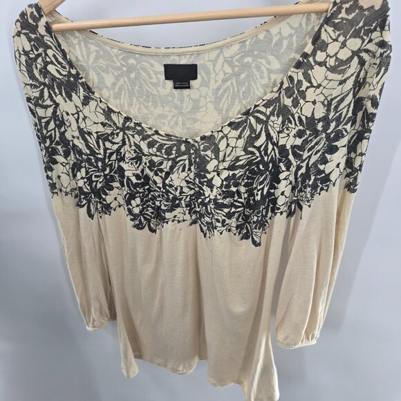 Deletta x Anthropologie Cream Black Floral Elastic Cuff Blouse Size Medium - Picture 3 of 14
